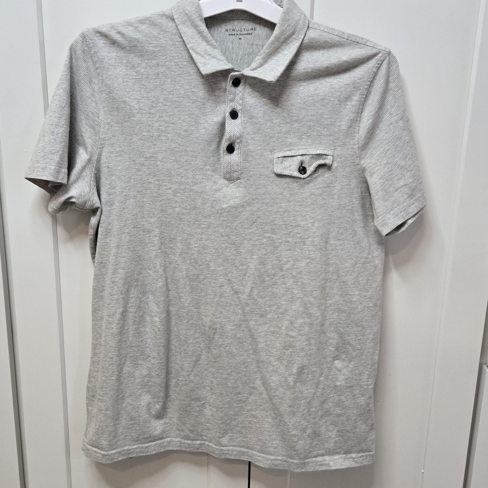 Structure Mens Polo Shirt Medium‎ Gray Striped Short Sleeve Casual Cotton